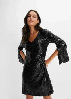 bonprix Bekleidung·Pullover & Strickjacken|Kurzgrößen^Paillettenkleid mit Trompeten-Ärmel schwarz