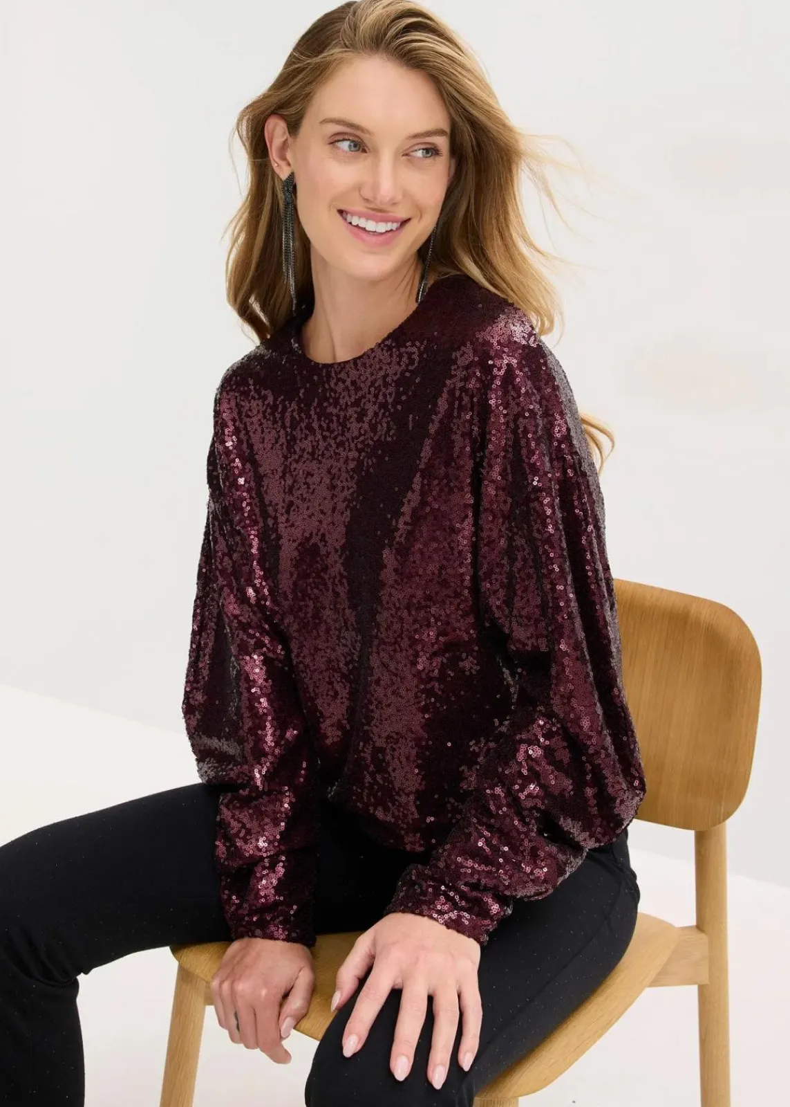bonprix Shirts & Tops^Pailletten-Langarmshirt weinrot