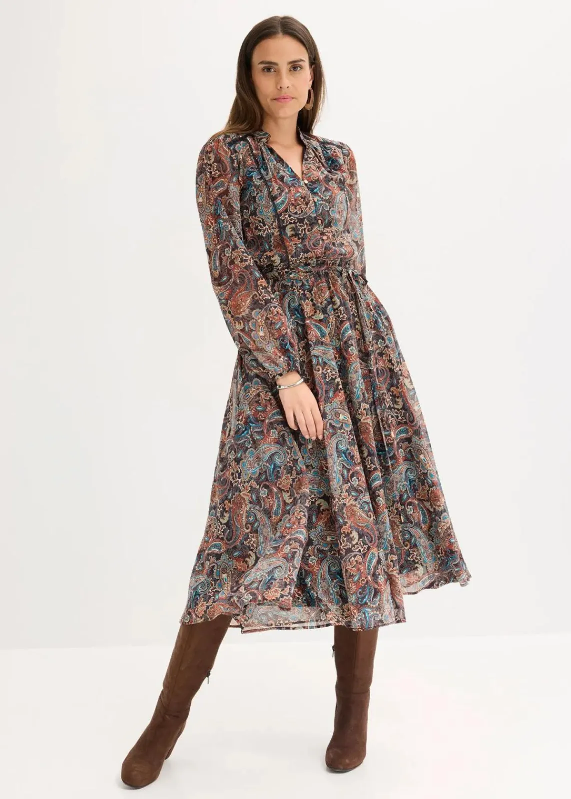 bonprix Kurzgrößen|Bekleidung·Pullover & Strickjacken^Paisleykleid aus Chiffon schwarz/beige paisley