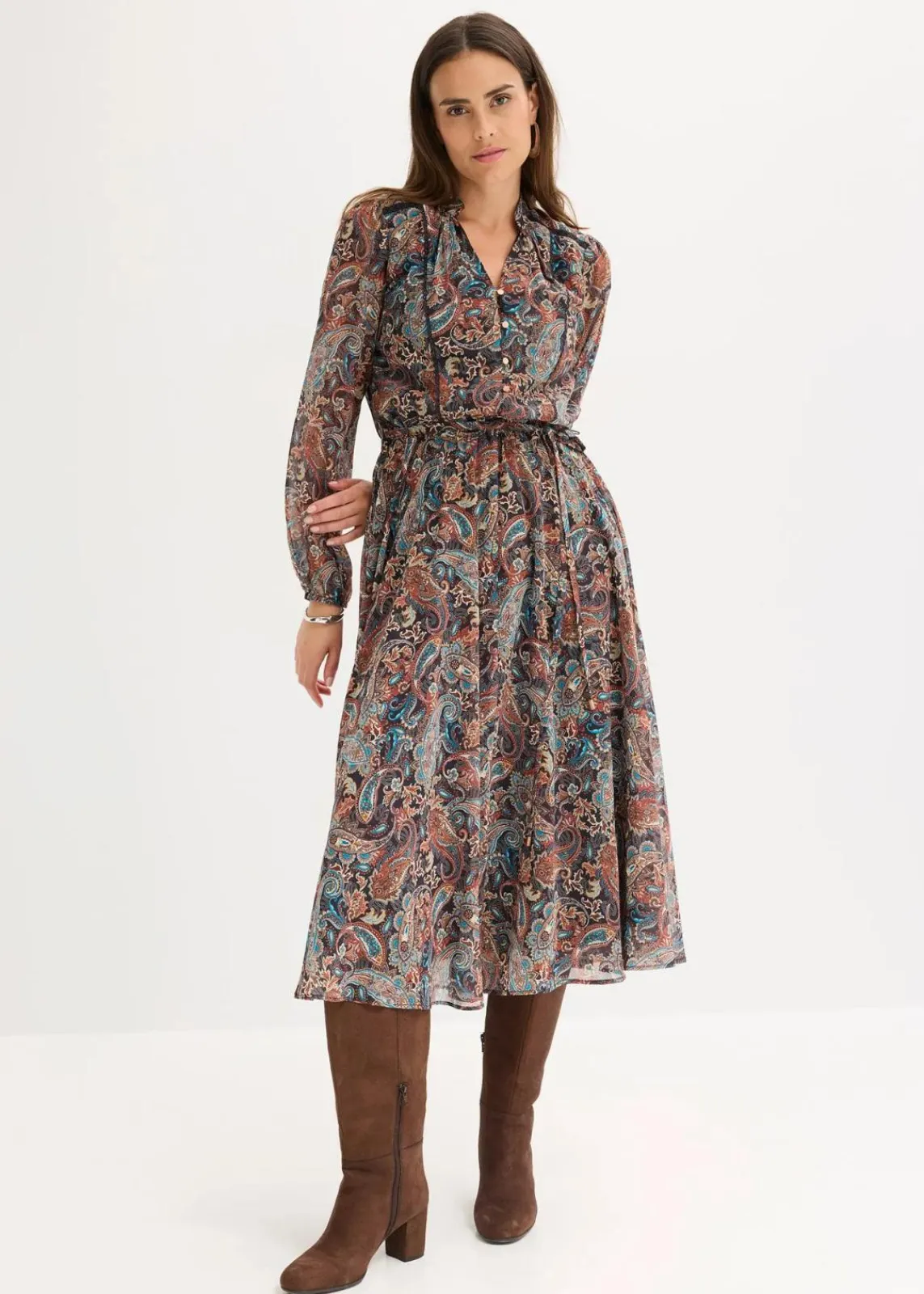 bonprix Kurzgrößen|Bekleidung·Pullover & Strickjacken^Paisleykleid aus Chiffon schwarz/beige paisley