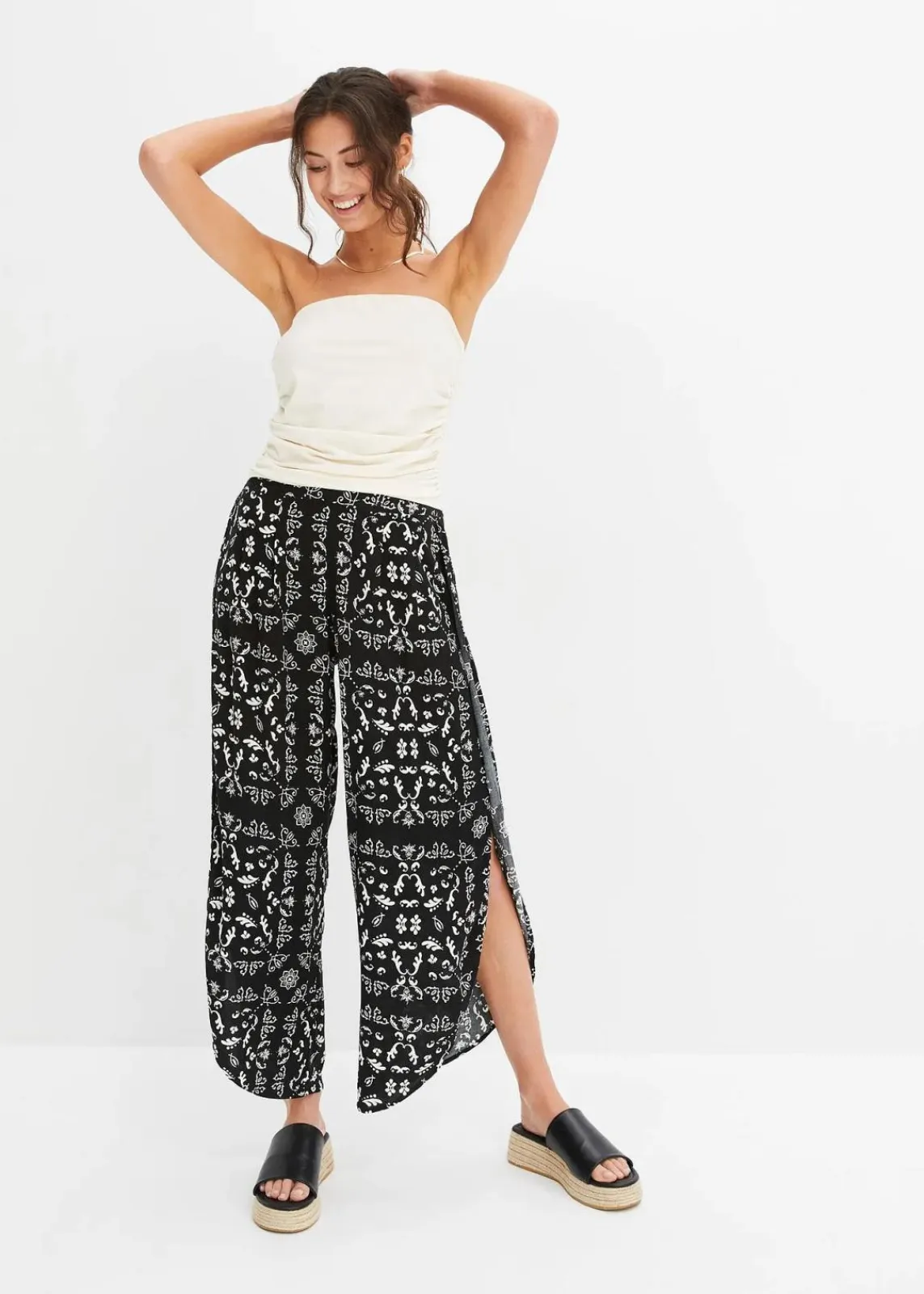bonprix Bekleidung·Kleider|Hosen^Palazzo-Hose schwarz/wollweiß sonstige