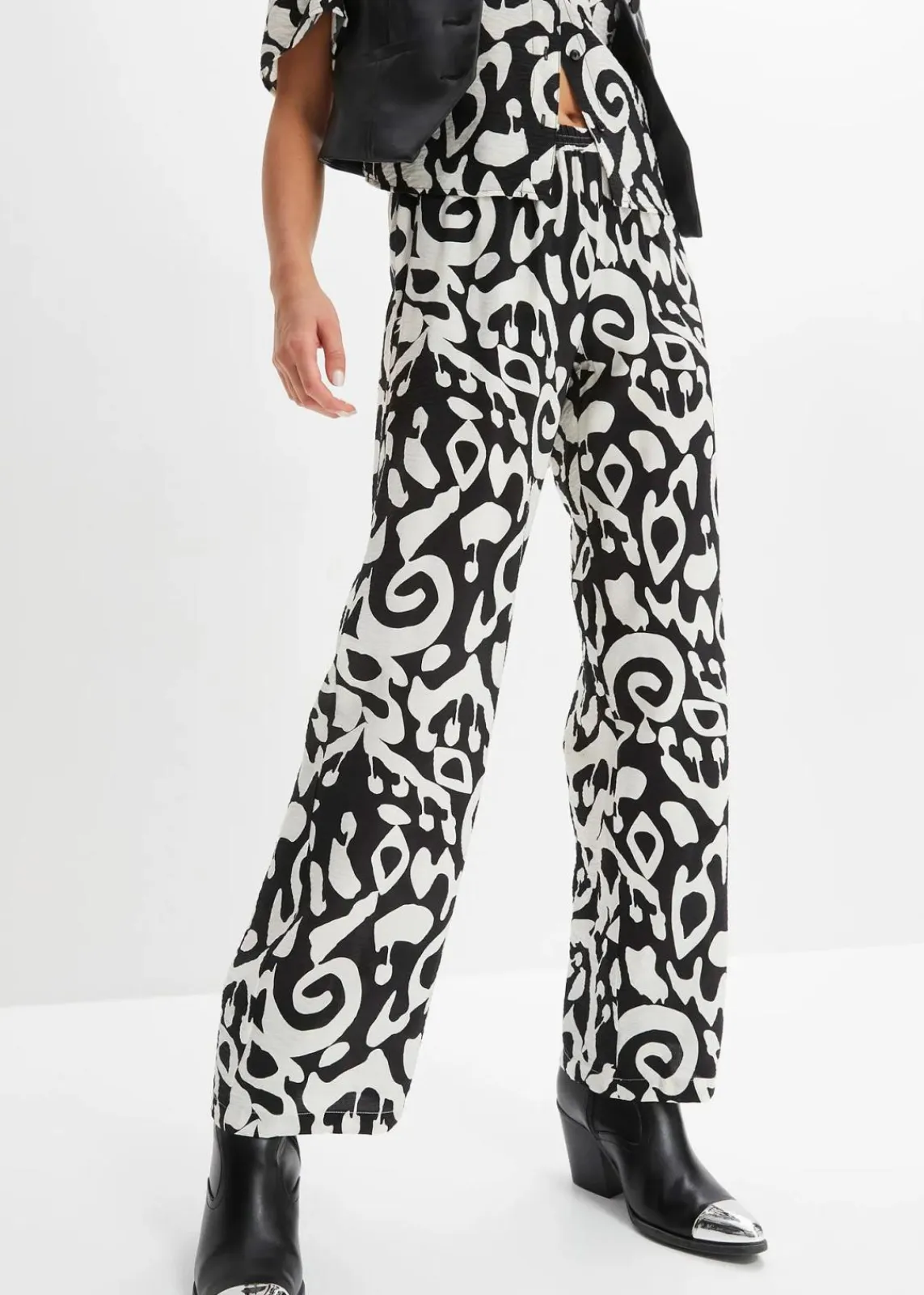 bonprix Bekleidung·Kleider|Hosen^Palazzo-Hose schwarz/wollweiß bedruckt