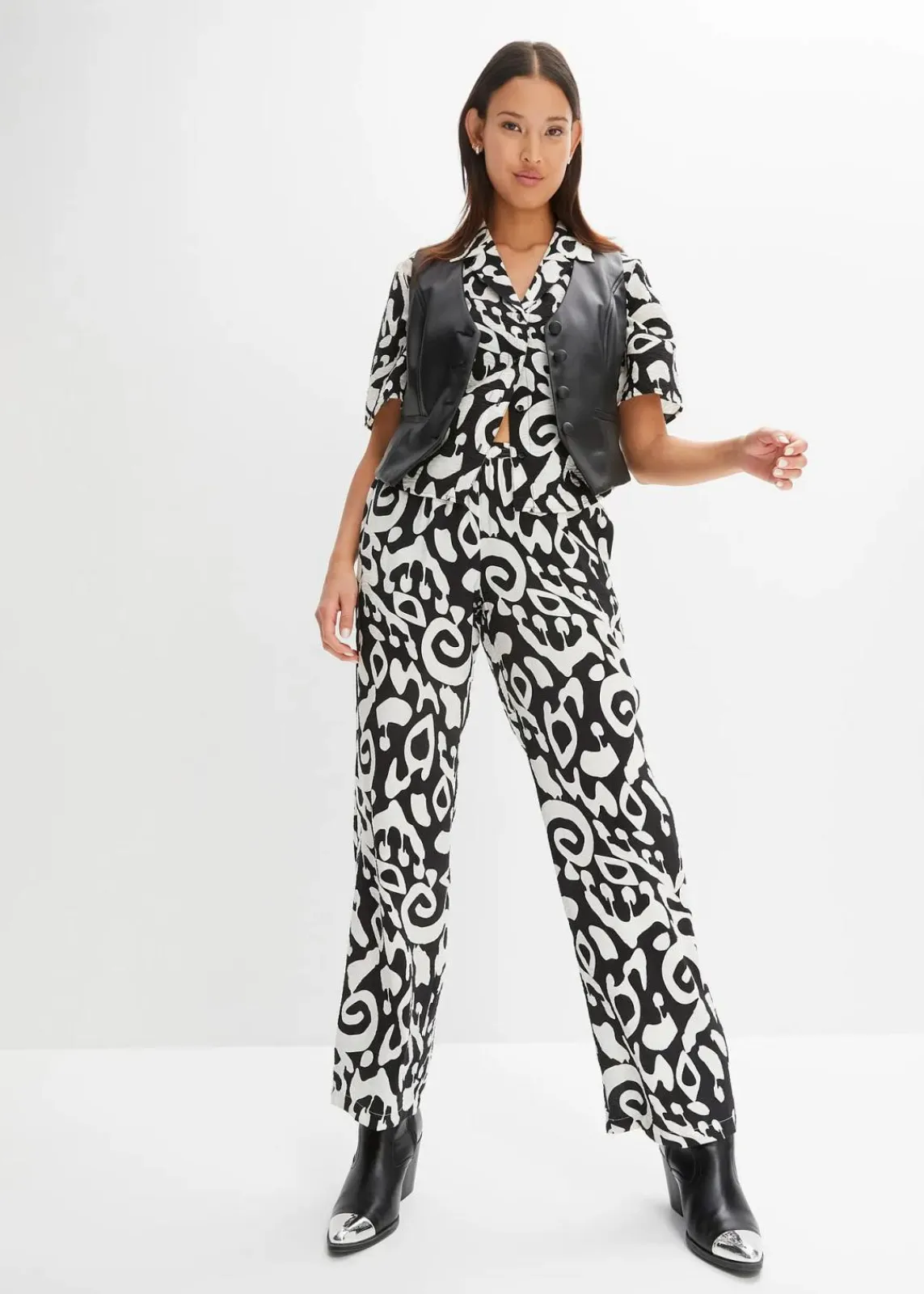 bonprix Bekleidung·Kleider|Hosen^Palazzo-Hose schwarz/wollweiß bedruckt