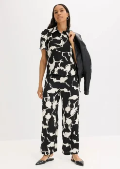 bonprix Bekleidung·Kleider|Zweiteiler & Sets^Palazzo-Hose aus fließendem Satin schwarz/weiß bedruckt