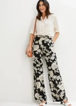 bonprix Bekleidung·Kleider|Hosen^Palazzo-Hose aus fließender Viskose schwarz/kieselbeige geblümt
