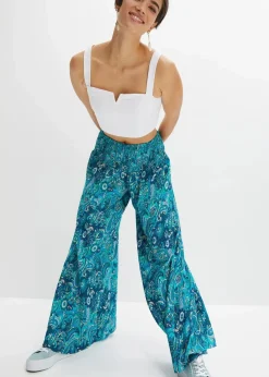 bonprix Hosen|Kurzgrößen^Palazzo-Hose aus fließender Viskose dunkelsmaragd/mittelblau paisley