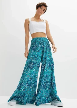 bonprix Hosen|Kurzgrößen^Palazzo-Hose aus fließender Viskose dunkelsmaragd/mittelblau paisley