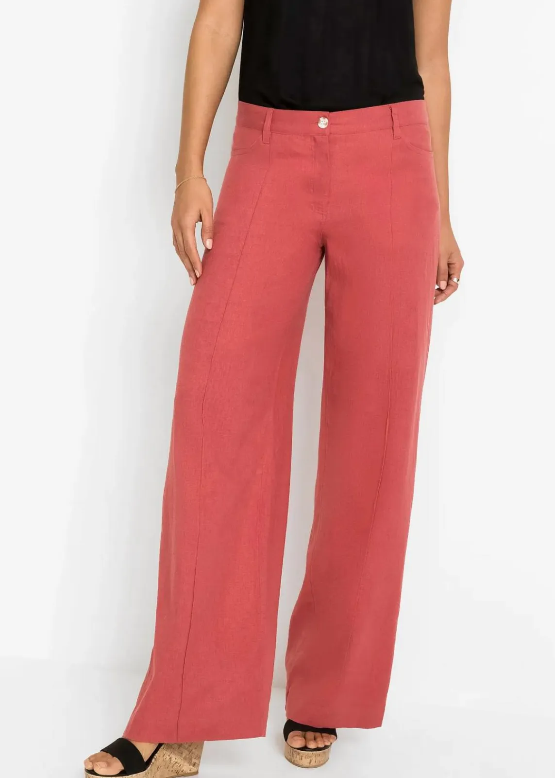 bonprix Kurzgrößen|Hosen^Palazzo-Hose aus luftigem Leinen-Mix rhabarber