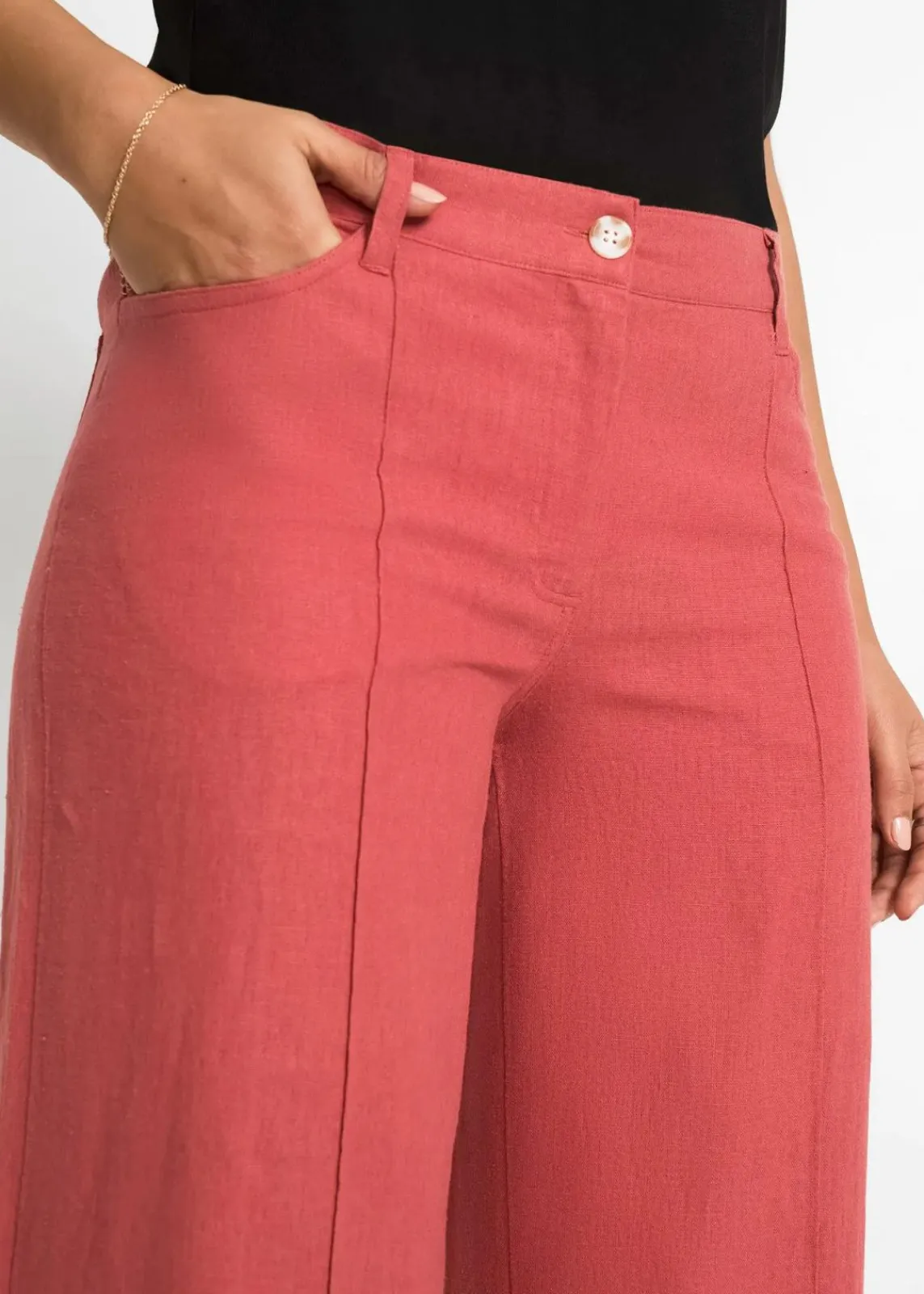 bonprix Kurzgrößen|Hosen^Palazzo-Hose aus luftigem Leinen-Mix rhabarber