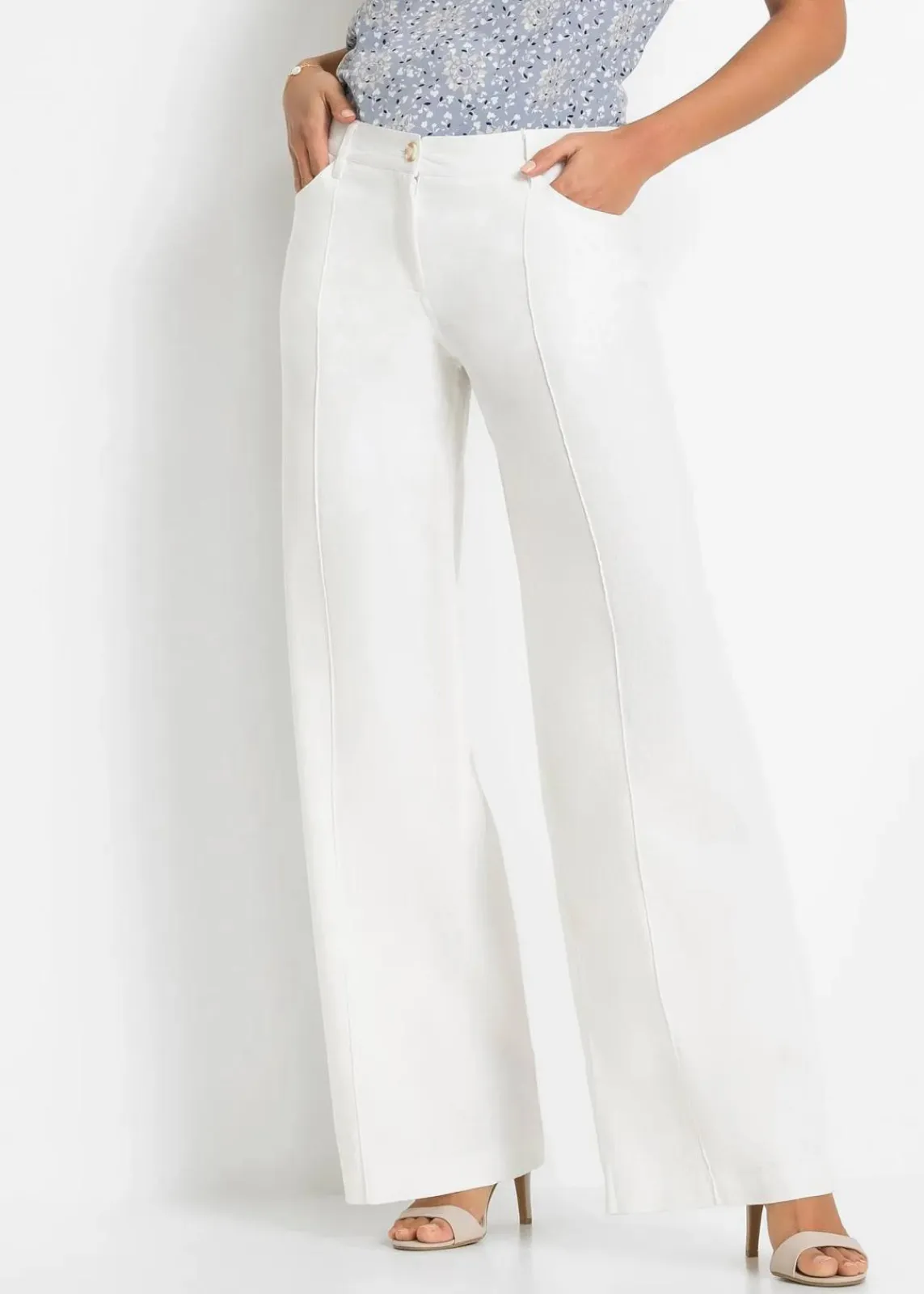 bonprix Kurzgrößen|Hosen^Palazzo-Hose aus luftigem Leinen-Mix weiß