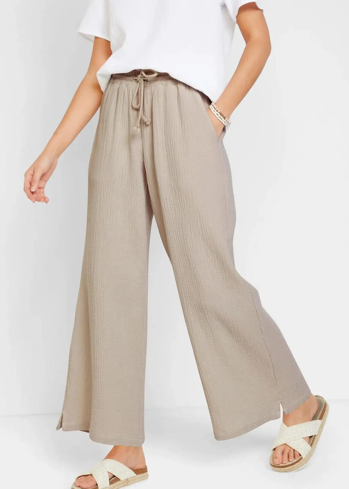 bonprix Hosen|Kurzgrößen^Palazzo-Hose aus Musselin steingrau