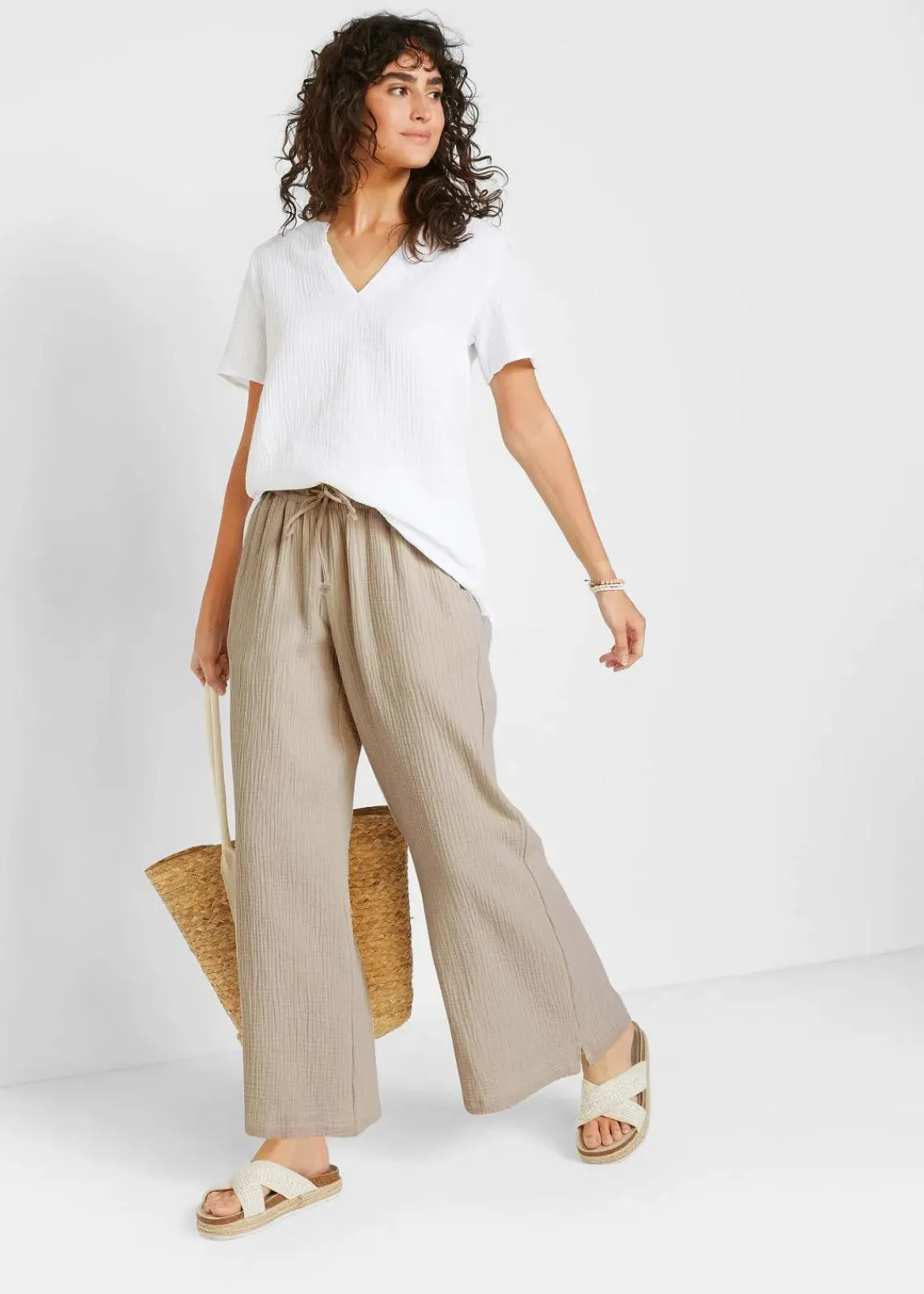 bonprix Hosen|Kurzgrößen^Palazzo-Hose aus Musselin steingrau