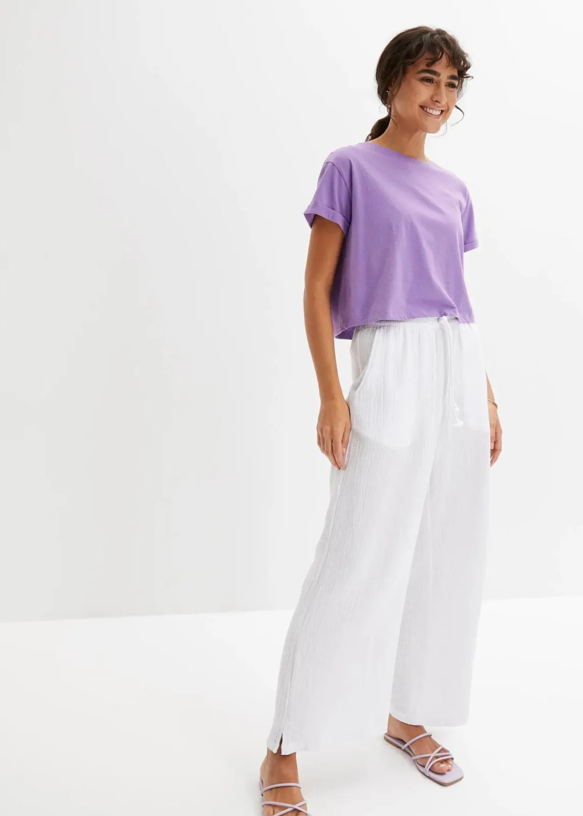 bonprix Hosen|Kurzgrößen^Palazzo-Hose aus Musselin weiß