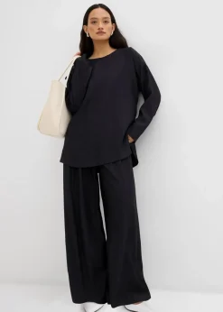 bonprix Bekleidung·Kleider|Zweiteiler & Sets^Palazzo-Hose aus strukturiertem Crinkle-Viskose-Mix schwarz