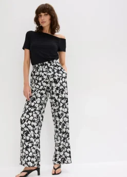 bonprix Bekleidung·Kleider|Hosen^Palazzo-Hose aus strukturiertem Material schwarz/wollweiß geblümt