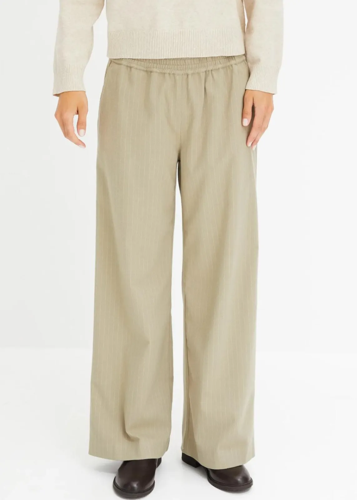 bonprix Bekleidung·Kleider|Nachhaltigere Materialien^Palazzo-Hose in Wolloptik new khaki/wollweiß gestreift