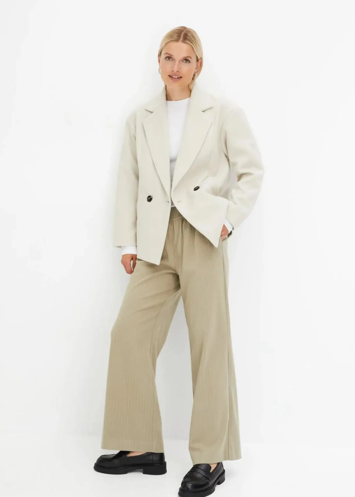 bonprix Bekleidung·Kleider|Nachhaltigere Materialien^Palazzo-Hose in Wolloptik new khaki/wollweiß gestreift