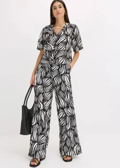 bonprix Bekleidung·Kleider|Hosen^Palazzo-Hose mit Bequembund schwarz/wollweiß bedruckt