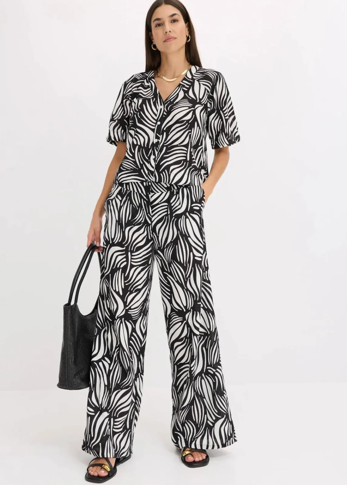 bonprix Bekleidung·Kleider|Hosen^Palazzo-Hose mit Bequembund schwarz/wollweiß bedruckt