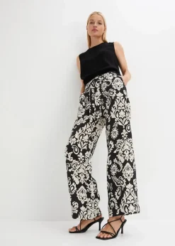 bonprix Bekleidung·Kleider|Hosen^Palazzo-Hose mit Bequembund schwarz/kieselbeige graphisch bedruckt