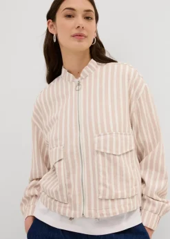 bonprix Jacken & Mäntel^Pilotenjacke in Leinenoptik mandelbeige/wollweiß gestreift