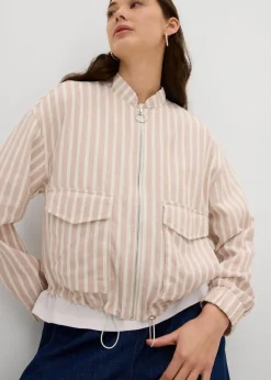 bonprix Jacken & Mäntel^Pilotenjacke in Leinenoptik mandelbeige/wollweiß gestreift