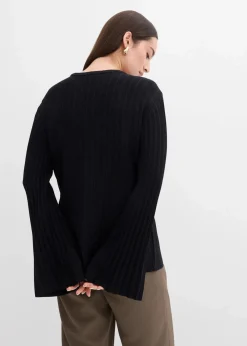 bonprix Strickmode|Pullover & Strickjacken^Plissierter Feinstrickpullover aus Viskose-Mix schwarz