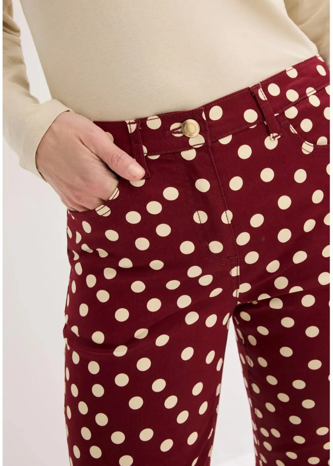 bonprix Hosen|Bekleidung·Kleider^5-Pocket-Stretch-Hose rubinrot/hellsand gepunktet