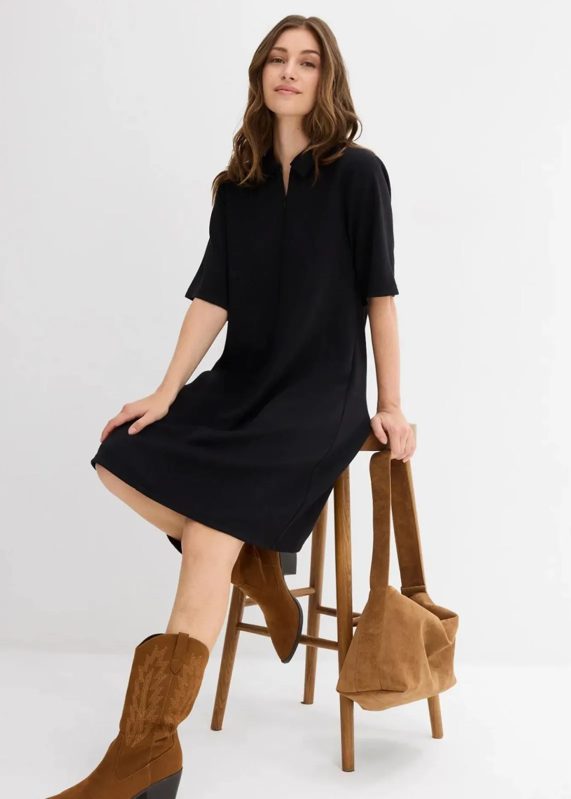 bonprix Kleider|Bekleidung·Pullover & Strickjacken^Polokleid aus softem Scuba schwarz