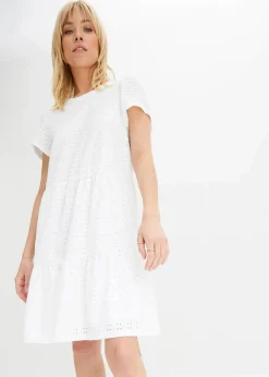 bonprix Bekleidung·Pullover & Strickjacken|Kleider^Polokleid mit Lochstickerei weiß