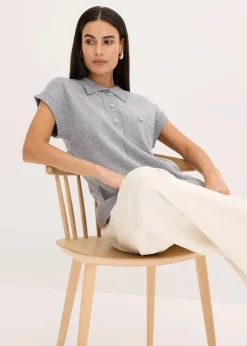 bonprix Strickmode|Pullover & Strickjacken^Polo-Pullover mit Baumwolle rauchblau meliert
