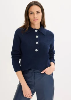 bonprix Pullover & Strickjacken|Strickmode^Polo-Pullover mit Wollanteil dunkelblau