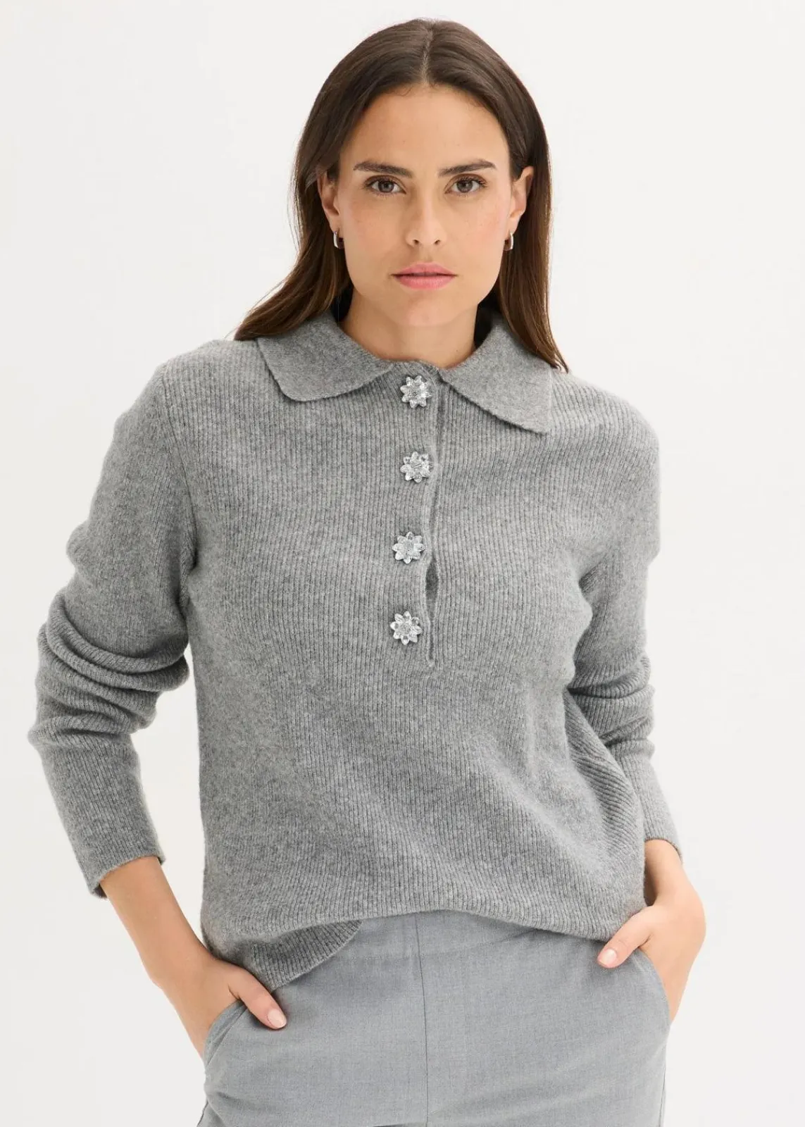bonprix Bekleidung·Umstandsmode|Bekleidung·Jeans^Polo-Pullover mit Wollanteil grau meliert