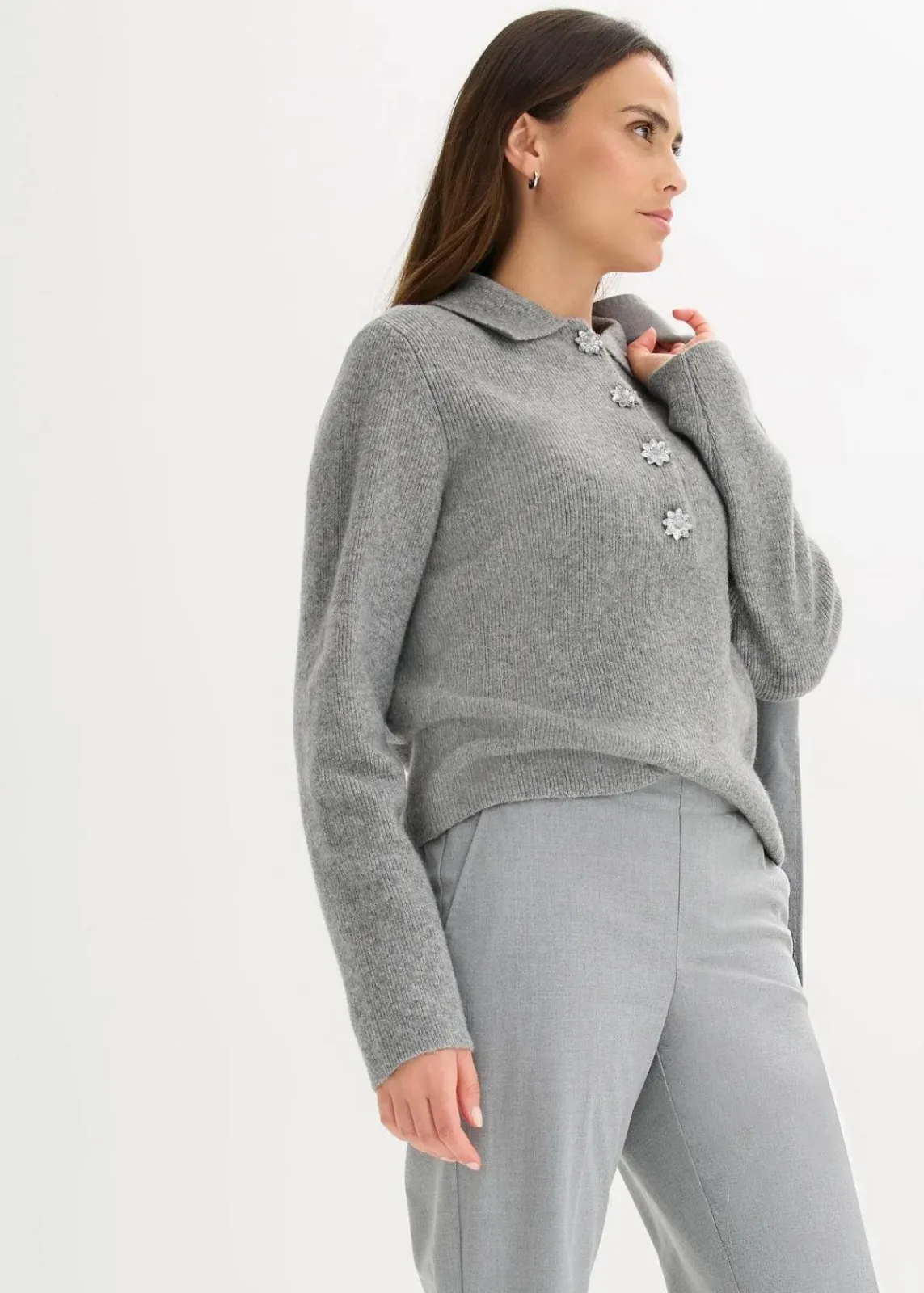 bonprix Bekleidung·Umstandsmode|Bekleidung·Jeans^Polo-Pullover mit Wollanteil grau meliert