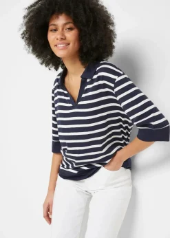 bonprix Shirts & Tops^Poloshirt aus Baumwolle-Viskose Mix dunkelblau/weiß gestreift