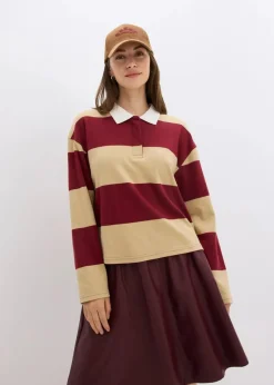 bonprix Bekleidung·Blusen & Tuniken|Sweat^Poloshirt aus reiner Bio-Baumwolle pflaumenrot/grünbeige quer gestreift