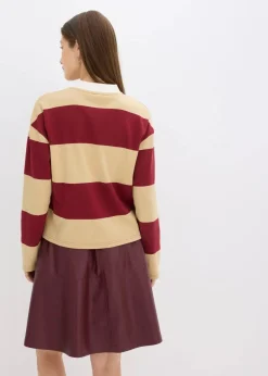 bonprix Bekleidung·Blusen & Tuniken|Sweat^Poloshirt aus reiner Bio-Baumwolle pflaumenrot/grünbeige quer gestreift