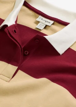 bonprix Bekleidung·Blusen & Tuniken|Sweat^Poloshirt aus reiner Bio-Baumwolle pflaumenrot/grünbeige quer gestreift
