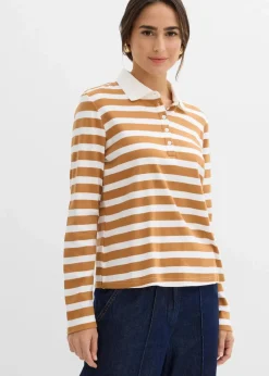 bonprix Shirts & Tops|Basics^Poloshirt aus schwerer Bio-Baumwolle wollweiß/haselnuss gestreift