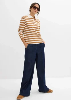 bonprix Shirts & Tops|Basics^Poloshirt aus schwerer Bio-Baumwolle wollweiß/haselnuss gestreift