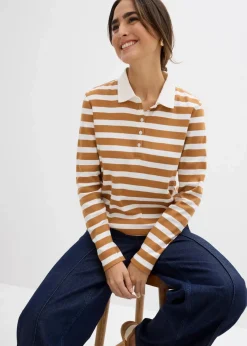 bonprix Shirts & Tops|Basics^Poloshirt aus schwerer Bio-Baumwolle wollweiß/haselnuss gestreift
