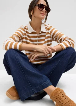 bonprix Shirts & Tops|Basics^Poloshirt aus schwerer Bio-Baumwolle wollweiß/haselnuss gestreift