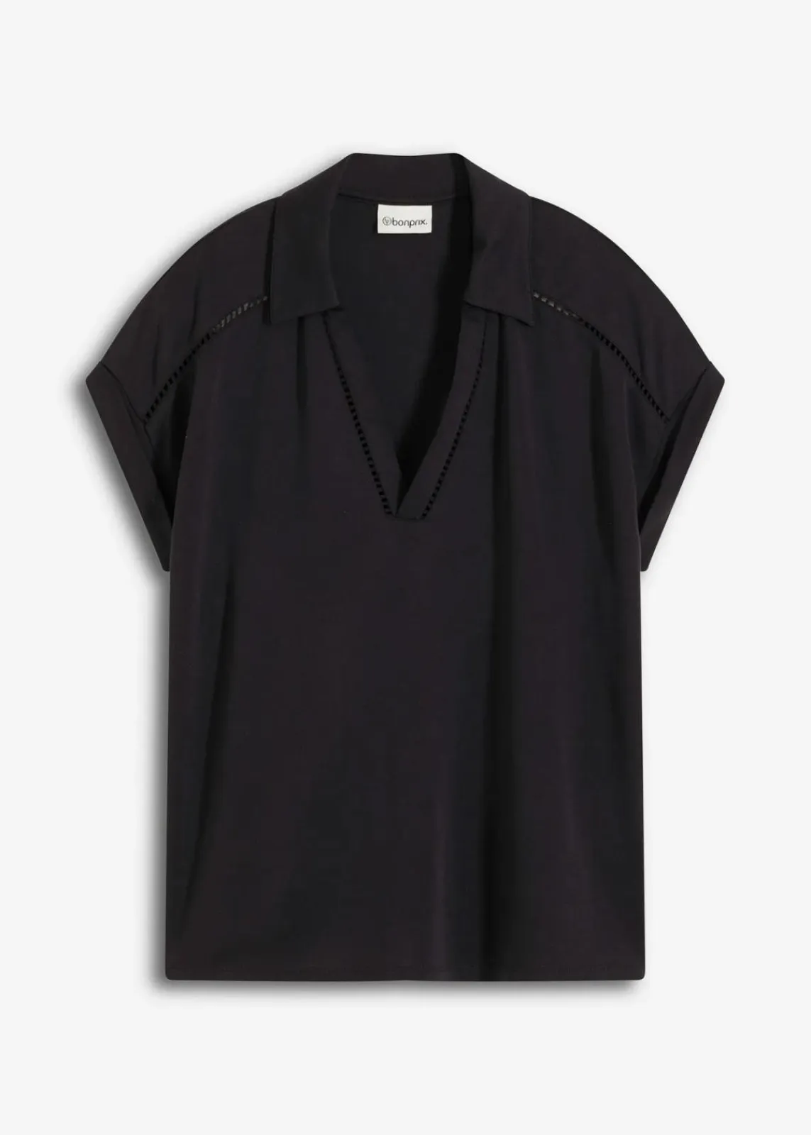 bonprix Shirts & Tops^Poloshirt aus Viskose- Pique mit Spitzeneinsatz schwarz