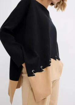 bonprix Pullover & Strickjacken|Strickmode^Poncho Feinstrickpullover schwarz/cappuccino