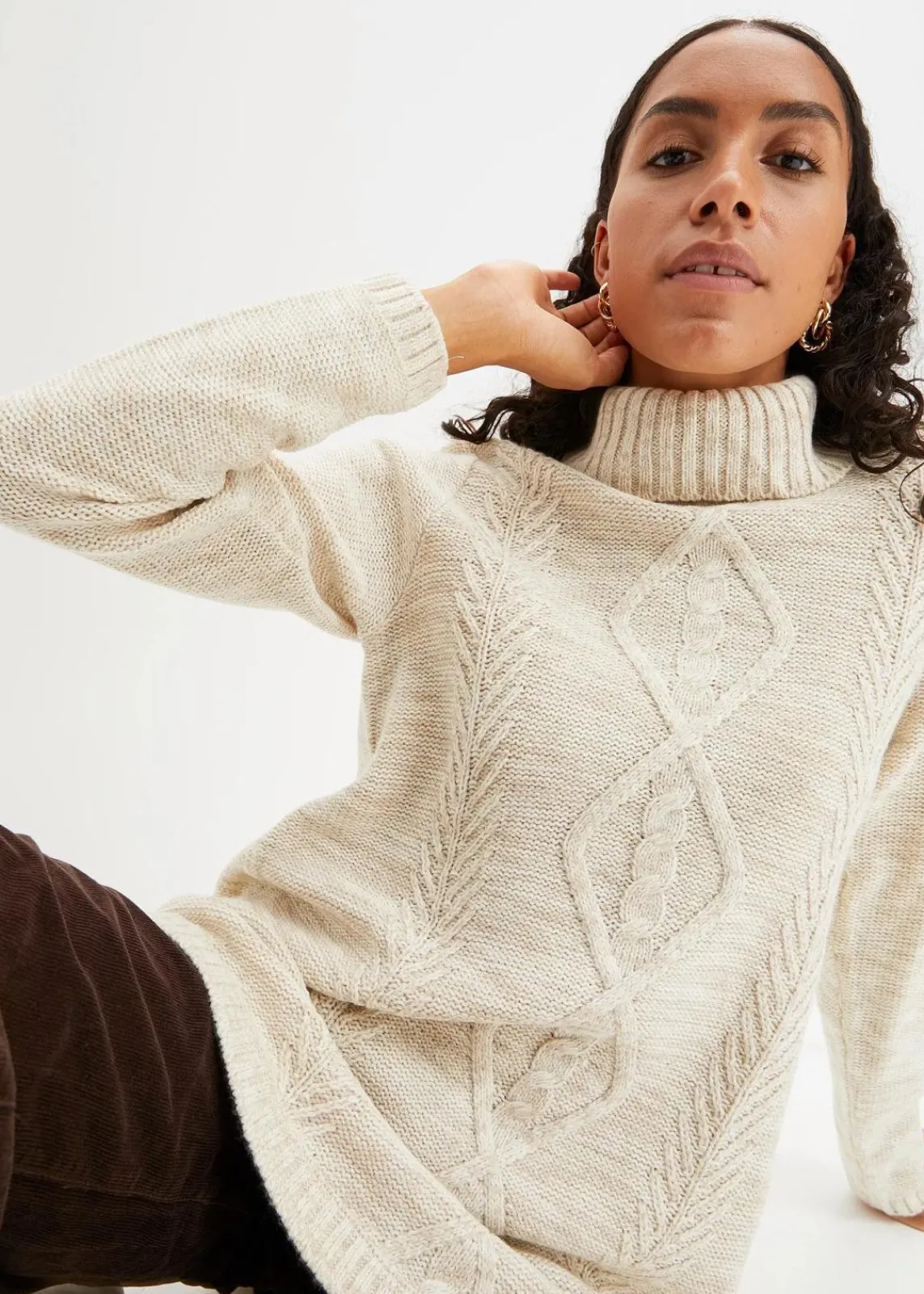 bonprix Pullover & Strickjacken|Strickmode^Poncho-Longpullover, Langarm wollweiß meliert
