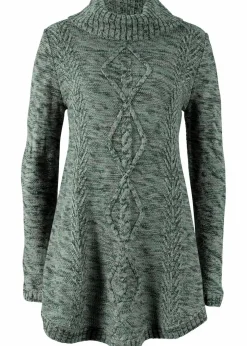 bonprix Strickmode|Pullover & Strickjacken^Poncho-Longpullover, Langarm tiefgrün meliert