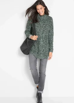 bonprix Strickmode|Pullover & Strickjacken^Poncho-Longpullover, Langarm tiefgrün meliert