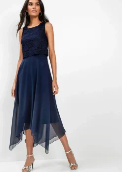 bonprix Kleider|Festliche Mode^Premium Chiffonkleid mit Spitze dunkelblau