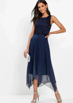 bonprix Kleider|Festliche Mode^Premium Chiffonkleid mit Spitze dunkelblau
