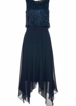 bonprix Kurzgrößen|Bekleidung·Pullover & Strickjacken^Premium Chiffonkleid mit Spitze dunkelblau